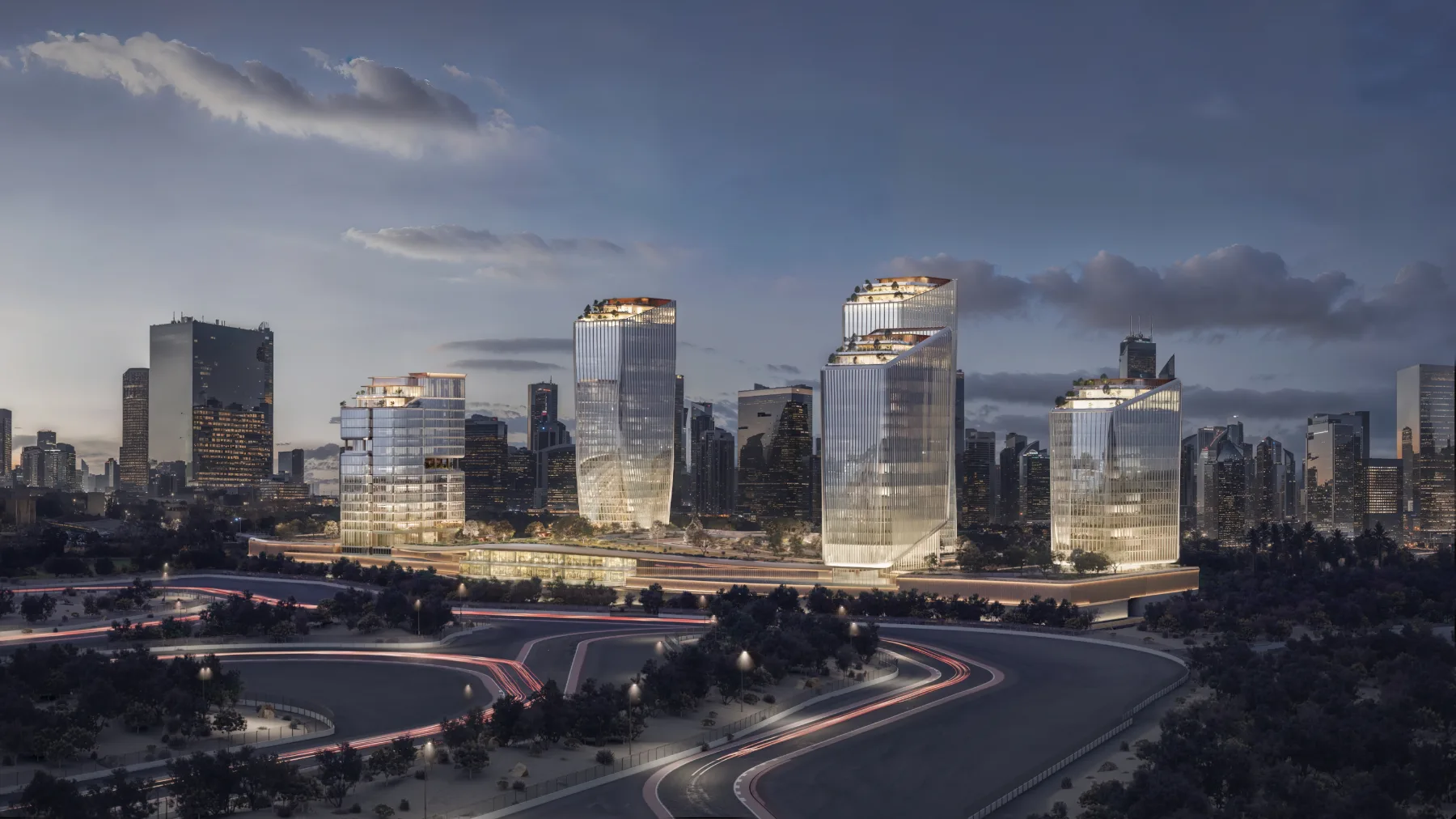 O1NE District skyline at dusk